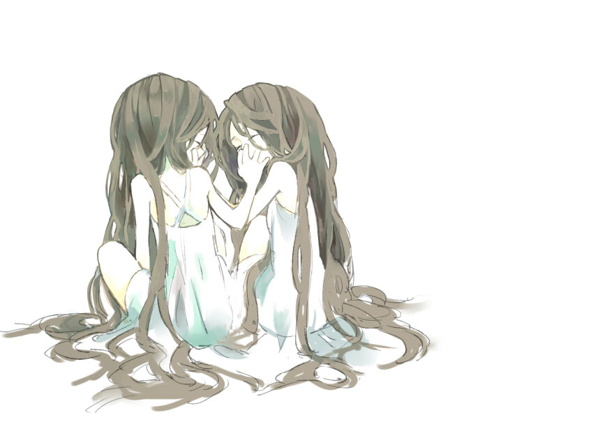 2girls ^_^ absurdly_long_hair bare_arms bare_shoulders brown_hair closed_eyes covering_another&#039;s_mouth criss-cross_back-straps dress full_body hair_spread_out long_hair multiple_girls original short_dress siblings simple_background sitting sleeveless sleeveless_dress soto sundress twins very_long_hair white_background white_dress