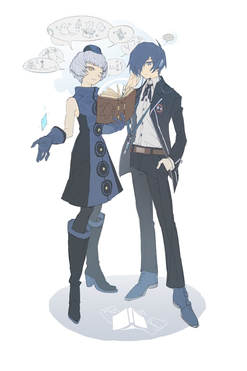 1boy 1girl arinnixxx1103 blue_gloves blue_hair blue_hat book digital_media_player digital_walkman dress elizabeth_(persona) gekkoukan_high_school_uniform gloves hat headphones highres pantyhose persona persona_3 persona_3_reload school_uniform sleeveless sleeveless_dress walkman_nw-s203f yellow_eyes yuuki_makoto_(persona_3)