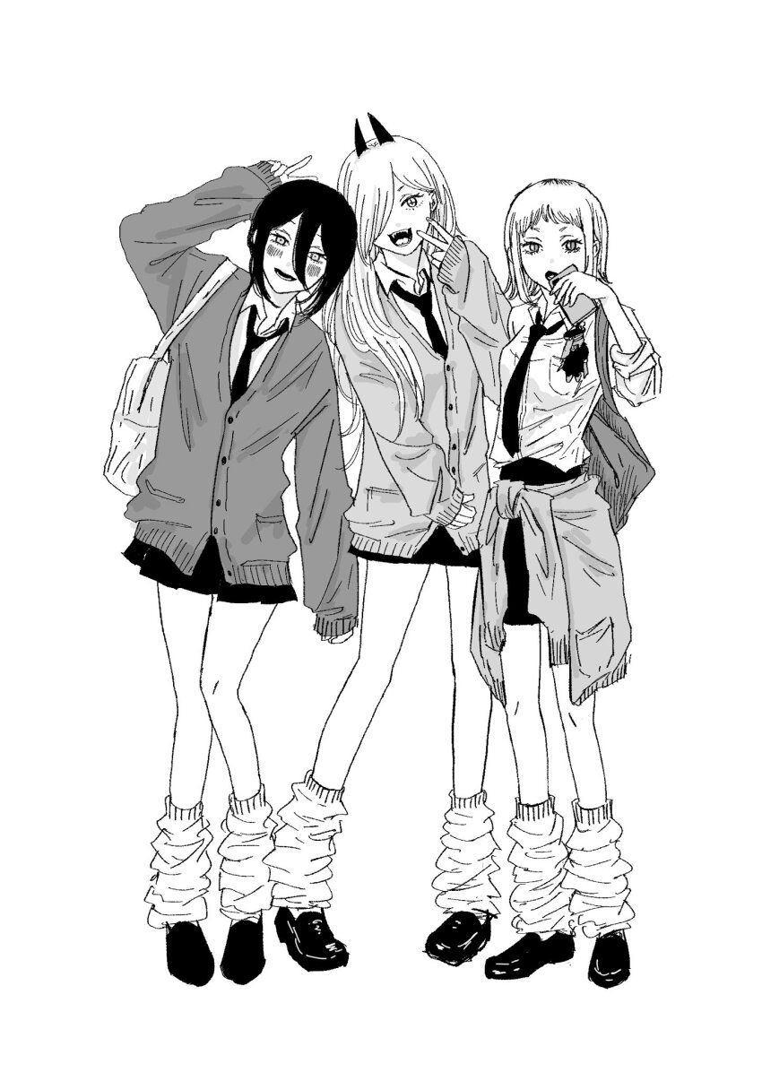 3girls bag breasts cardigan cardigan_around_waist cellphone chainsaw_man charm_(object) clothes_around_waist cross-shaped_pupils gyaru hair_between_eyes hair_over_one_eye highres holding holding_bag holding_phone horns iing_naoe katana_man_(chainsaw_man) long_sleeves loose_necktie loose_socks medium_breasts multiple_girls necktie phone power_(chainsaw_man) reze_(chainsaw_man) sawatari_akane_(chainsaw_man) school_bag sleeves_past_wrists sleeves_rolled_up smartphone socks symbol-shaped_pupils v