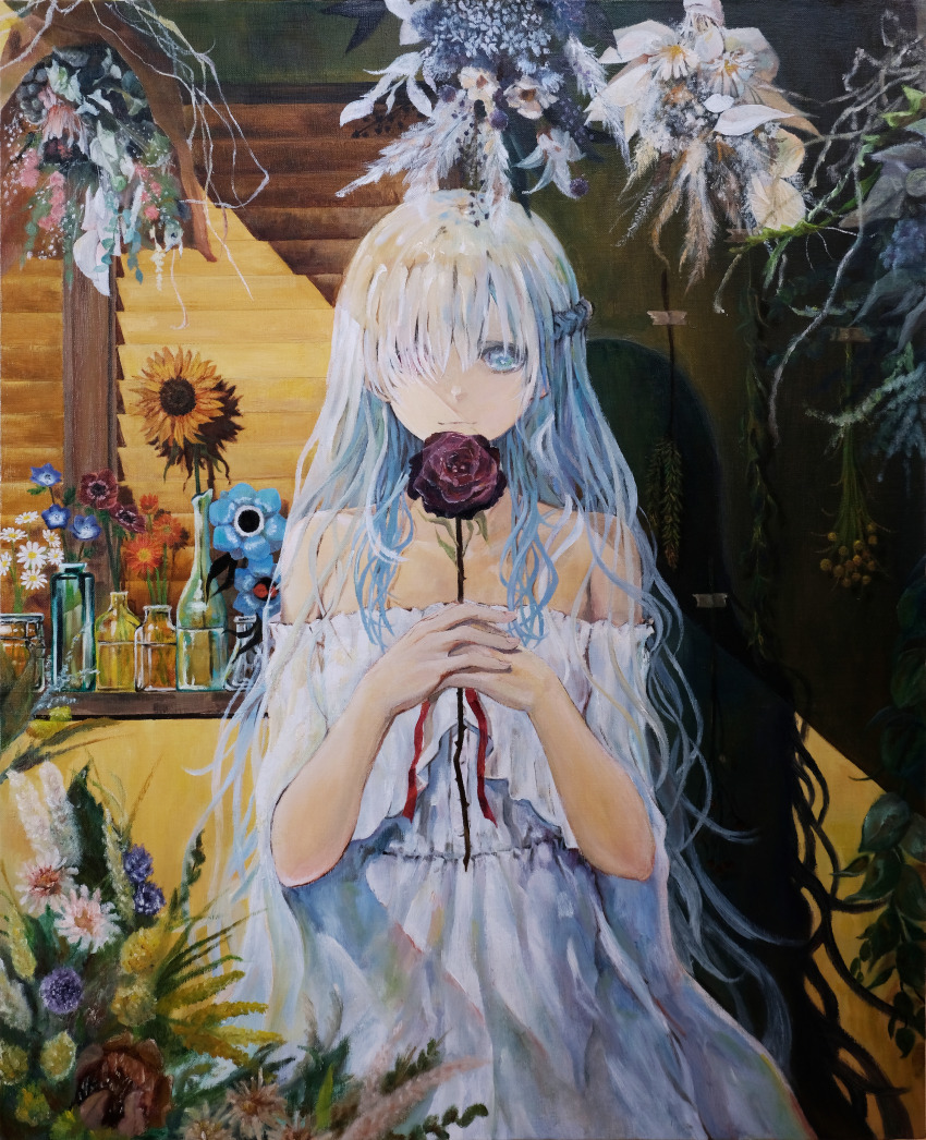 1girl absurdres anemone_(flower) bare_shoulders blue_eyes blue_hair braid brown_flower brown_rose daisy_(flower) dress flower flower_request french_braid hair_over_one_eye hanging_flower heterochromia highres holding holding_flower indoors isekaijoucho kamitsubaki_studio kken_(cwproject_kt) light_smile long_hair looking_at_viewer multicolored_hair nemophila_(flower) oil_painting_(medium) own_hands_together painting_(medium) red_eyes rose shadow solo straight-on strapless strapless_dress sunflower traditional_media two-tone_hair upper_body vase very_long_hair virtual_youtuber white_dress white_hair