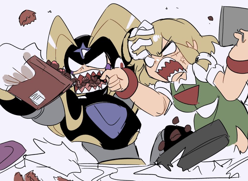 1boy 1girl anger_vein arguing armor bass_(mega_man) black_armor black_helmet blonde_hair candy chest_jewel chocolate chocolate_heart dress eating food forehead_jewel green_dress heart heart-shaped_food helmet highres medium_hair mega_man_(classic) mega_man_(series) original piano_(srnhuyuno) sharp_teeth simple_background sketch srnhuyuno teeth upper_body valentine white_background