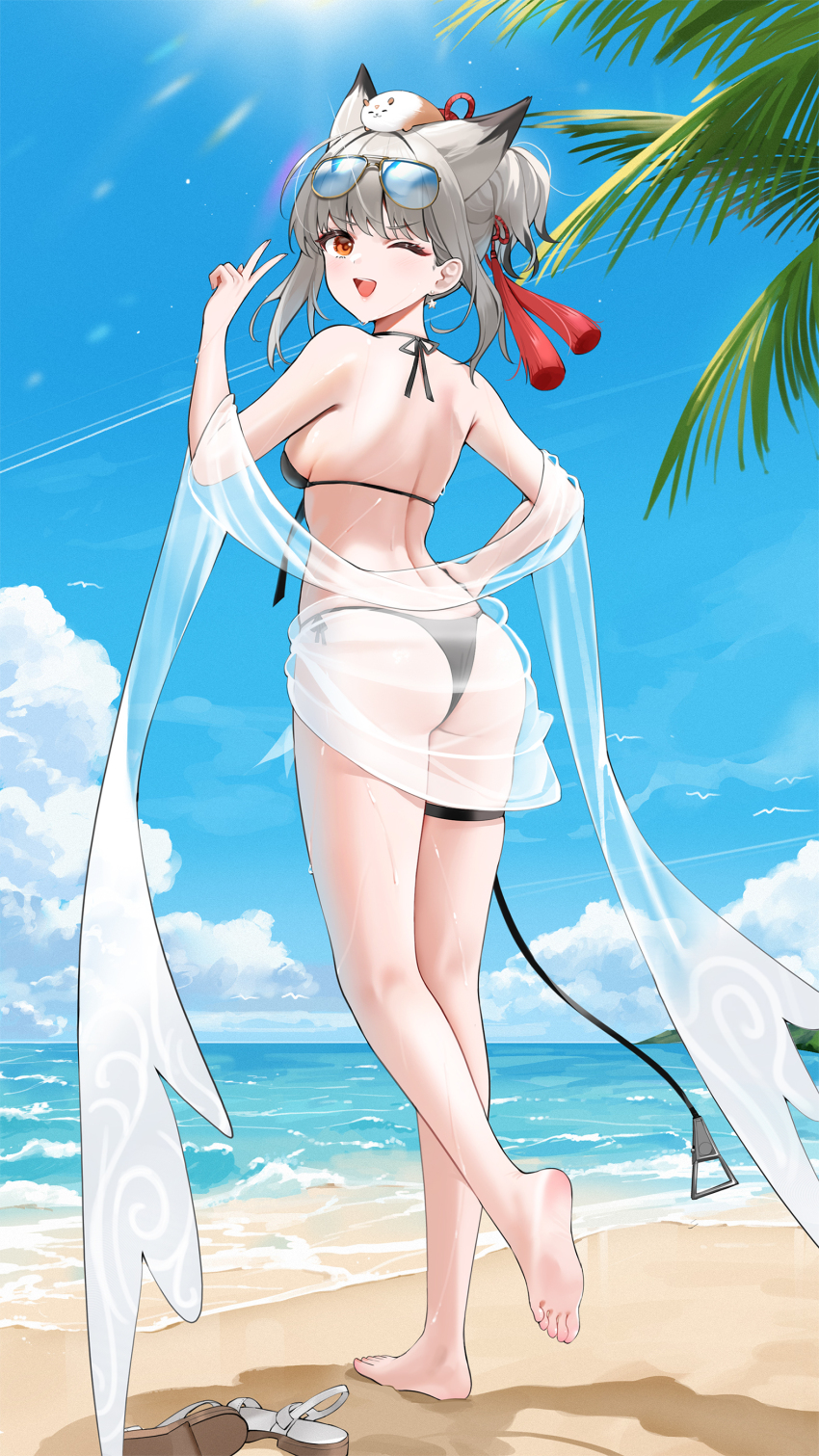 1girl ;d absurdres animal_ears ass azur_lane backboob beach bikini black_bikini black_hair blush breasts commission day earrings eyeshadow from_behind from_below front-tie_bikini_top front-tie_top full_body hand_on_own_hip hand_up happy highres jewelry legs looking_at_viewer looking_back looking_down makeup medium_breasts medium_hair multicolored_hair ocean one_eye_closed open_mouth orange_eyes outdoors palm_tree pixiv_commission ponytail qing_wu red_eyeshadow see-through_clothes side-tie_bikini_bottom small_breasts smile solo standing standing_on_one_leg star_(symbol) star_earrings streaked_hair suzutsuki_(azur_lane) suzutsuki_(beachside_attendant!)_(azur_lane) swimsuit thigh_strap thighs tree two-tone_hair v wet
