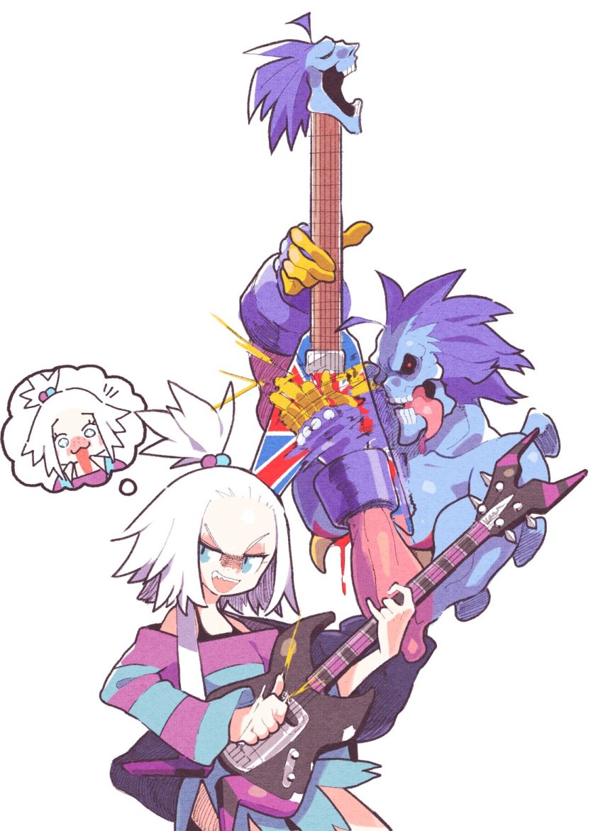 1girl bass_guitar blood blue_eyes blue_hair blue_skin blush boots bra_strap colored_skin commission crossover darkstalkers dress duet electric_guitar fangs forehead gibson_flying_v guitar gym_leader hair_bobbles hair_ornament highres ink inkerton-kun instrument lord_raptor nintendo pokemon pokemon_bw2 roxie_(pokemon) simple_background speech_bubble teeth thought_bubble upper_teeth_only white_background zombie