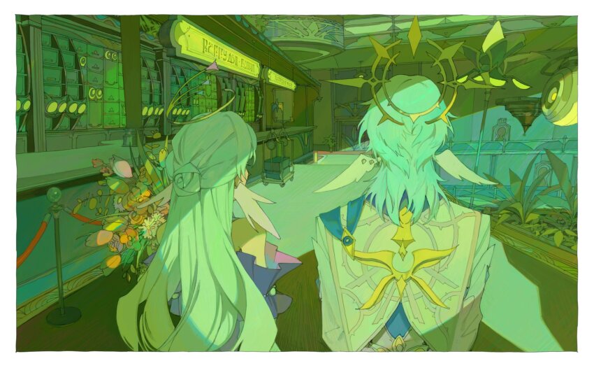 1boy 1girl 1kml alternate_hair_color aqua_hair bare_shoulders border bouquet brother_and_sister cart counter detached_sleeves facing_away feathered_wings flower from_behind grey_jacket half_updo halo halo_behind_head head_wings highres holding holding_bouquet honkai:_star_rail honkai_(series) jacket long_hair medium_hair piercing plant potted_plant purple_sleeves robin_(honkai:_star_rail) short_sleeves siblings side-by-side spiked_halo stanchion sunday_(honkai:_star_rail) thorn_print upper_body white_border white_wings wing_piercing wings