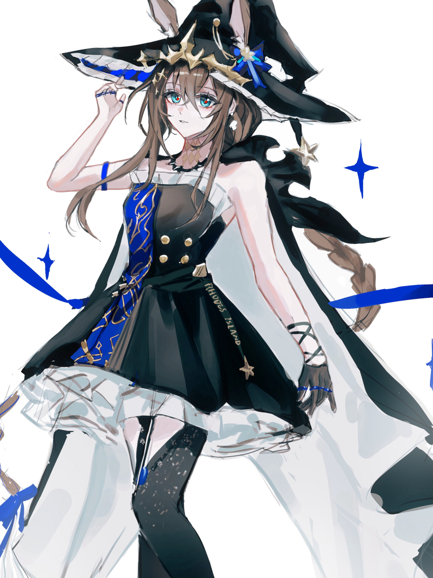 1girl absurdres ambience_synesthesia amiya_(arknights) amiya_(medic)_(arknights) amiya_(medic)_(solo_around_the_world)_(arknights) animal_ears aqua_eyes arknights arm_up bare_shoulders black_cape black_dress black_gloves black_hat black_thighhighs brown_hair cape clothes_writing commentary_request dress ears_through_headwear frilled_hat frills gloves hair_between_eyes hat highres jewelry light_smile long_hair looking_at_viewer multiple_rings official_alternate_costume parted_lips ring simple_background single_glove solo sparkle thighhighs two-sided_cape two-sided_fabric white_background white_cape witch_hat zhishi_mao_tiao