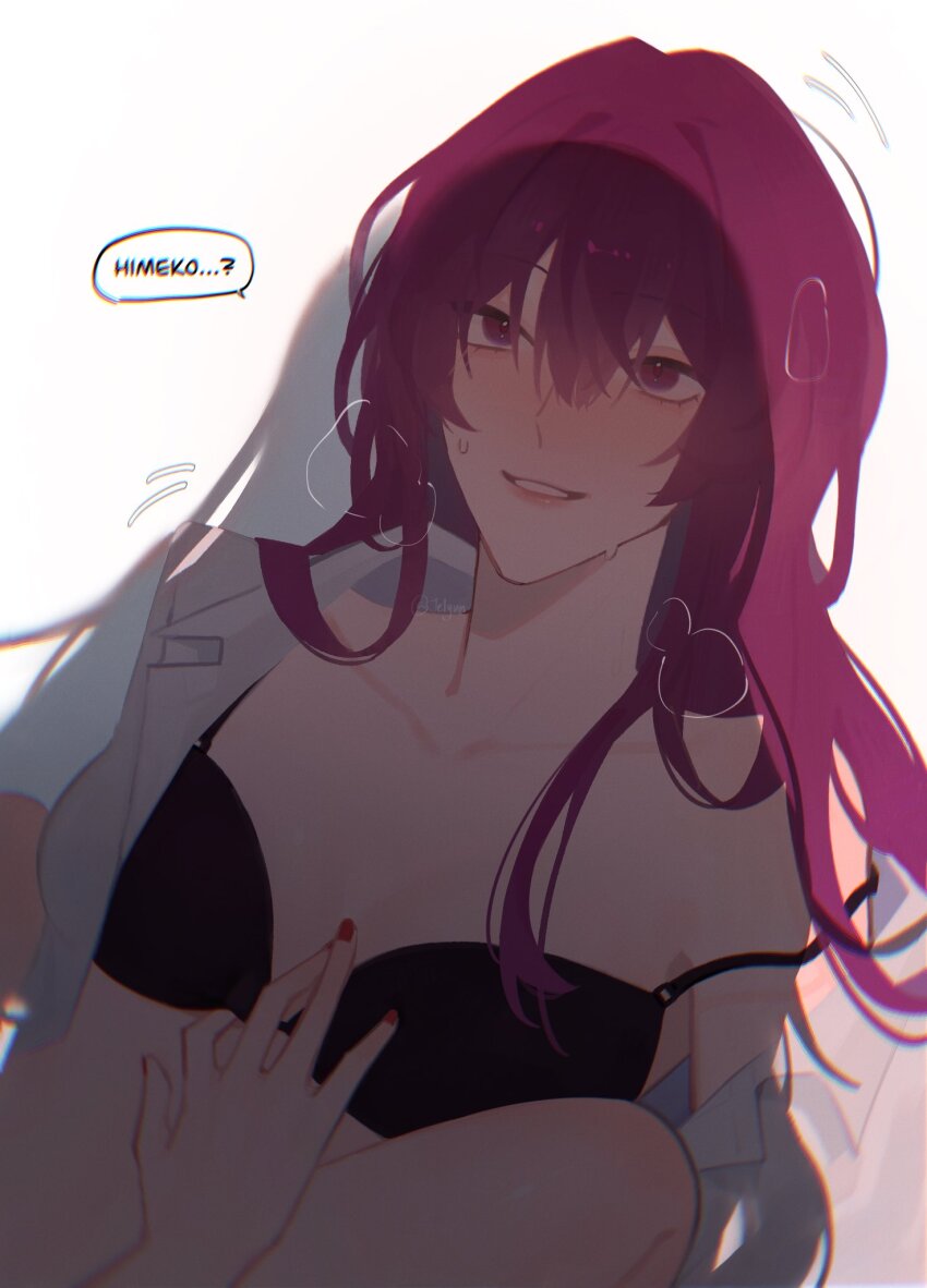 2girls black_bra blush bra breath chromatic_aberration commentary english_commentary highres himeko_(honkai:_star_rail) honkai:_star_rail honkai_(series) kafka_(honkai:_star_rail) kanohx long_hair multiple_girls open_clothes open_shirt parted_lips purple_eyes purple_hair red_nails shirt smile speech_bubble straddling strap_slip sweat underwear white_shirt yuri