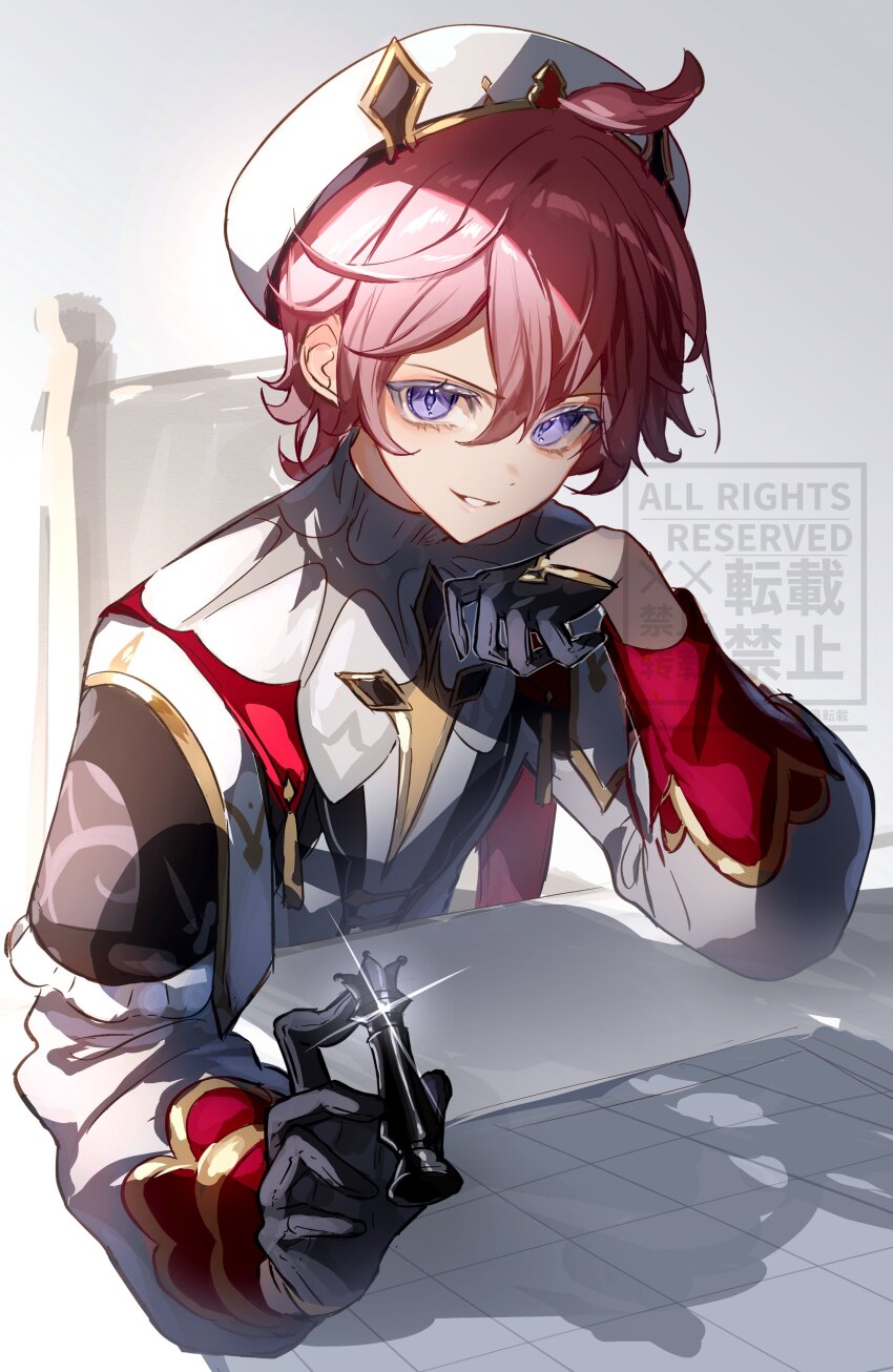 1boy absurdres ahoge beret black_gloves chair chess_piece commentary_request dahlia_(genshin_impact) eyelashes genshin_impact glint gloves gold_trim hair_between_eyes hand_up hat highres holding holding_chess_piece long_sleeves looking_at_viewer male_focus nero_hanken on_chair parted_lips pink_hair puffy_long_sleeves puffy_sleeves purple_eyes shadow shirt short_hair sitting smile solo table tassel upper_body v-shaped_eyebrows watermark white_hat white_shirt