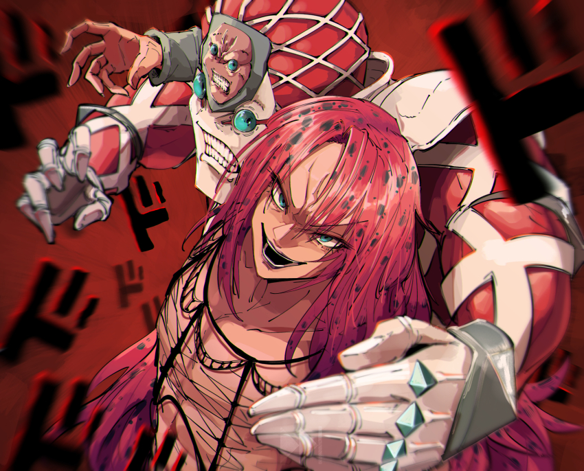 2boys blue_eyes clenched_teeth colored_skin commentary_request diavolo eyes_visible_through_hair fishnet_top fishnets hair_between_eyes highres jojo_no_kimyou_na_bouken king_crimson_(stand) long_hair looking_at_viewer male_focus menacing_(jojo) motion_blur multiple_boys odoro_(nicoseiga81184094) open_mouth parted_bangs pink_hair pink_skin red_background smile stand_(jojo) teeth upper_body vento_aureo white_skin