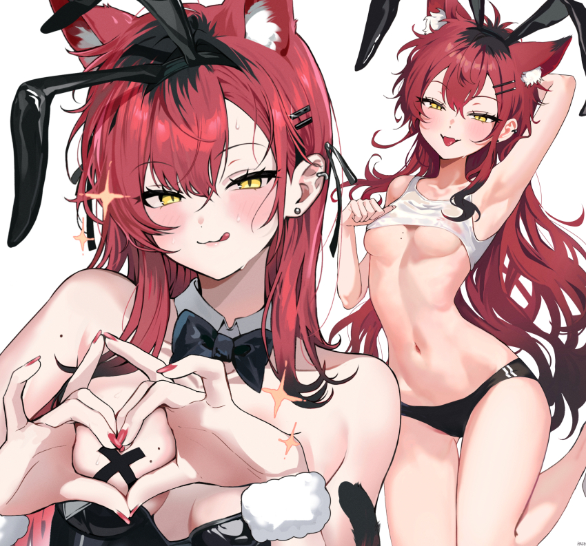 1girl :3 absurdres animal_ear_fluff animal_ear_hairband animal_ears armpits bandaid bandaids_on_nipples bare_arms bare_shoulders black_bow black_bowtie black_hairband black_leotard black_panties blush bow bowtie breasts cat_ears cat_girl cat_tail closed_mouth crossed_bandaids detached_collar fake_animal_ears fangs hair_between_eyes hairband haze_(ohw8g) heart heart_hands highres leotard licking_lips long_hair looking_at_viewer mole mole_on_arm mole_on_breast open_mouth original panties pasties playboy_bunny rabbit_ear_hairband rabbit_ears red_hair red_nails shirt sidelocks skin_fangs sleeveless sleeveless_shirt smile sparkle sweatdrop tail tongue tongue_out underboob underwear white_shirt yellow_eyes
