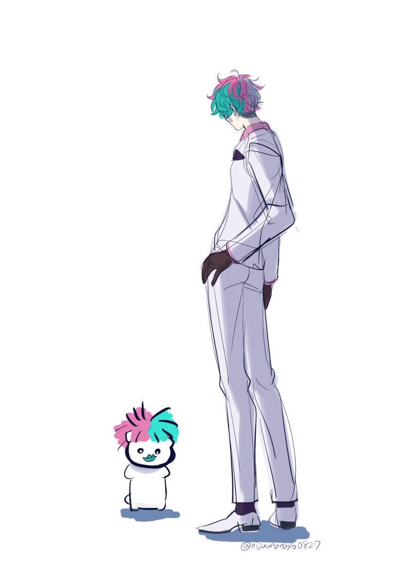 1boy absurdres black_gloves gloves green_hair grey_hair highres jacket joe_rikiichi male_focus multicolored_hair nijisanji ninahachi pants pink_hair purple_socks shadow shoes simple_background socks standing twitter_username two-tone_hair virtual_youtuber white_background white_footwear white_jacket white_pants