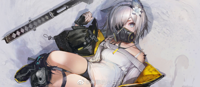 animal_ears arknights artist_request blue_eyes cat_ears character_request eyepatch fingerless_gloves flower gas_mask gloves hair_flower hair_ornament hairband hilt jacket katana knee_pads mask material_growth oripathy_lesion_(arknights) short_hair short_shorts shorts snow solo spoilers sweater sword weapon white_hair