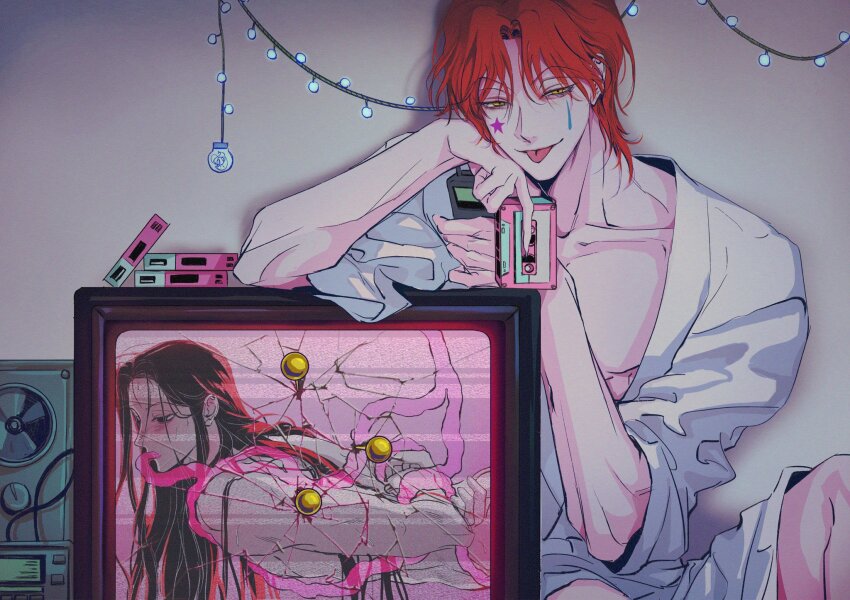2boys :p black_eyes black_hair blush broken_glass broken_screen cassette_player cassette_tape collarbone facepaint fairy_lights glass highres hisoka_morow holding holding_cassette hunter_x_hunter illumi_zoldyck implied_yaoi jz88 long_hair looking_at_viewer messy_bangs multiple_boys naughty_face needle nude open_clothes open_shirt red_hair restrained shirt smile suspension tentacle_in_mouth tentacle_sex tentacles tongue tongue_out white_shirt wolf_cut yellow_eyes