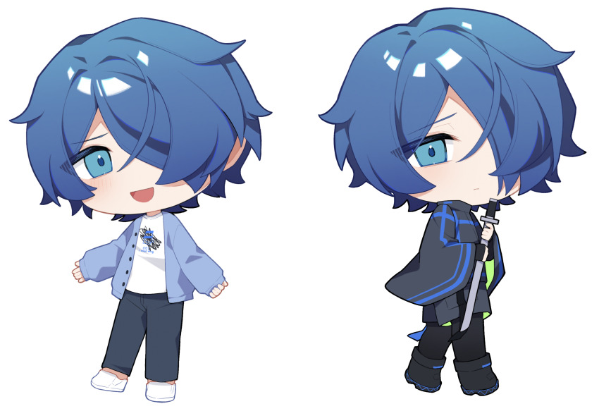 1boy :d alternate_costume black_pants blue_eyes blue_hair blue_jacket denim frown grey_jacket grey_shorts hair_over_one_eye highres holding holding_sword holding_weapon jacket jeans light_blush looking_at_viewer male_focus milgram multiple_views open_mouth pants sakurai_haruka_(milgram) shirt shoes short_hair shorts simple_background smile sword weapon white_background white_shirt white_shoes wide_sleeves yingwux1