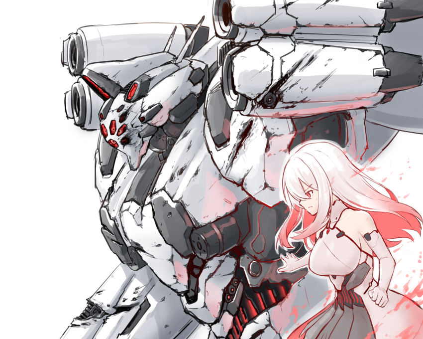 1girl armored_core armored_core_vi:_fires_of_rubicon ayre_(armored_core_vi) bare_shoulders battle_damage breasts bullet_hole commentary_request dress elbow_gloves gloves gradient_hair hair_between_eyes highres large_breasts long_hair maxilax mecha multicolored_hair personification pink_dress pink_hair red_eyes red_hair robot science_fiction sideboob simple_background sweatdrop thrusters white_background white_hair