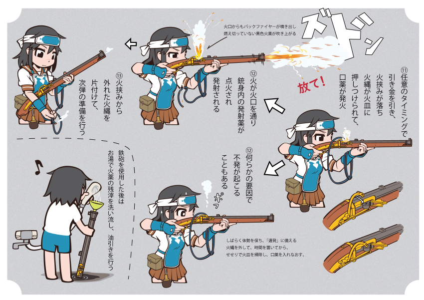 1girl absurdres aka-kabuto_no_gema antique_firearm armor arquebus arrow_(symbol) bag black_eyes black_hair brown_sailor_collar brown_skirt cleaning_gun dou firearm firelock firing forehead_protector freckles from_side gun headband highres holding holding_gun holding_weapon how_to japanese_armor kote looking_at_object matchlock original powder_flask sailor_collar satchel skirt smoke sound_effects tanegashima_(gun) weapon