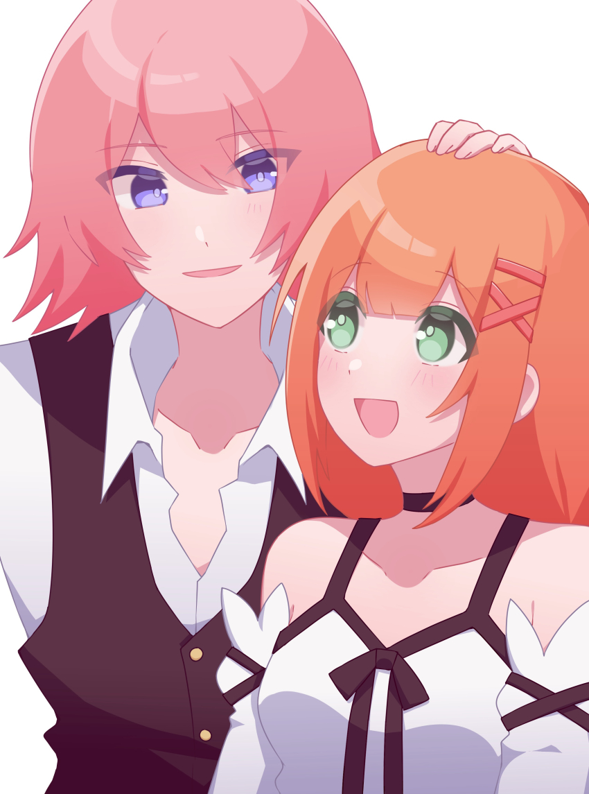 1boy 1girl :d absurdres bare_shoulders black_choker black_vest blue_eyes blush breasts brother_and_sister choker collarbone collared_shirt detached_sleeves dress eyes_visible_through_hair green_eyes hair_between_eyes hair_ornament hand_on_another&#039;s_head highres kingdom_hearts kingdom_hearts_x lauriam long_hair long_sleeves looking_at_another open_mouth orange_hair pink_hair ribbon shirt short_hair siblings simple_background smile solo strelitzia_(kingdom_hearts) twintails very_long_hair vest w3n6ev white_background white_dress white_shirt x_hair_ornament