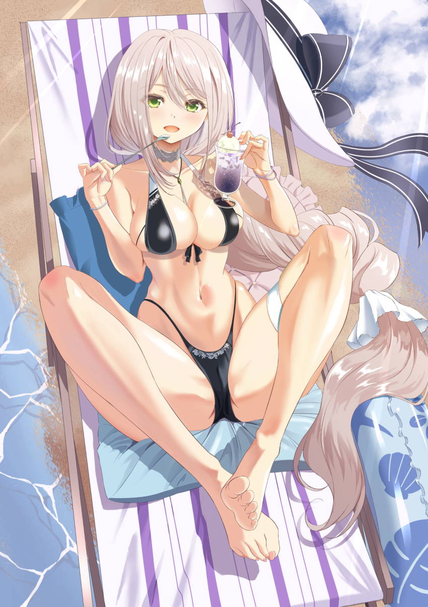 1girl aquila_(azur_lane) aquila_(sardegnian_shallows_and_sunshine)_(azur_lane) azur_lane barefoot bikini black_bikini breasts chair commentary_request from_above full_body green_eyes hair_spread_out hat highleg highleg_bikini highres kagura_hiromu large_breasts long_hair looking_at_viewer lounge_chair official_alternate_costume solo sun_hat swimsuit unworn_hat unworn_headwear very_long_hair water white_hat