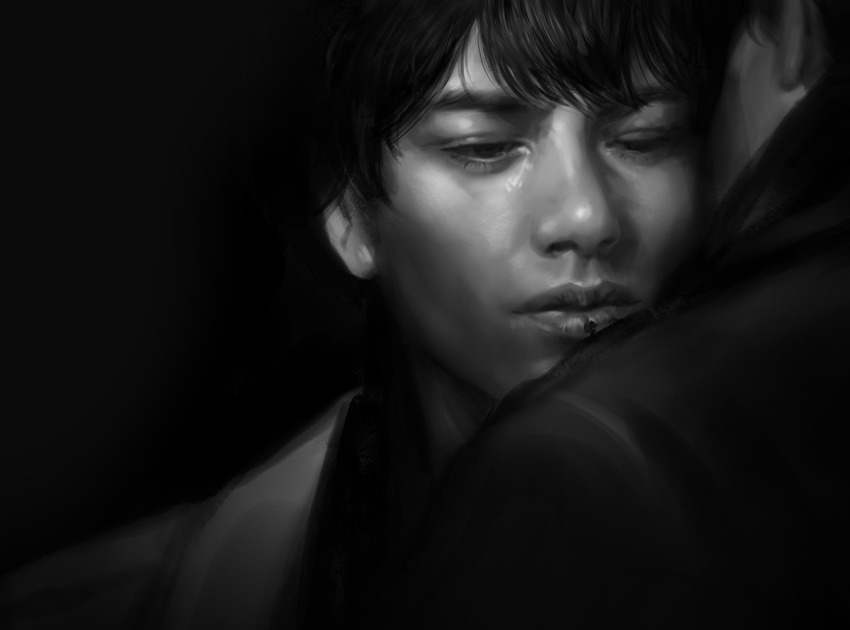 2boys black_background black_coat black_eyes black_hair black_shirt blank_stare coat hug implied_yaoi kim_dokja macaronijail monochrome multiple_boys omniscient_reader&#039;s_viewpoint painterly portrait shirt short_hair white_coat yoo_joonghyuk