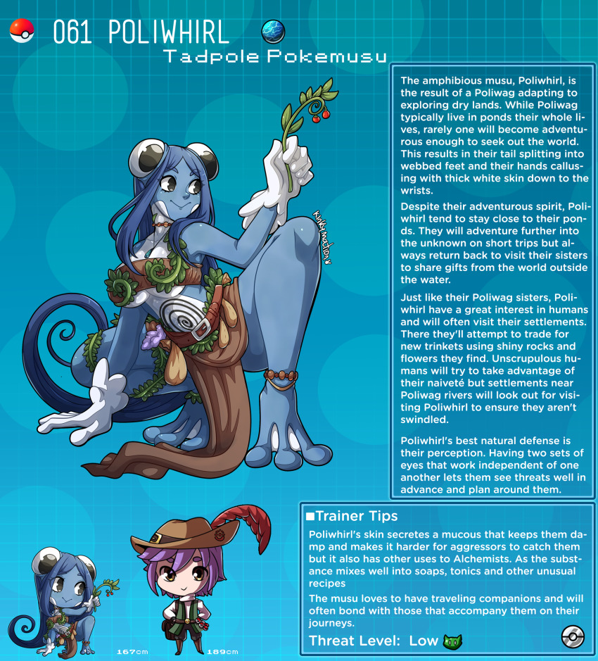 1boy 1girl absurdly_long_hair artist_name belt belt_buckle belt_pouch black_eyes blue_hair blue_skin breasts buckle character_name character_profile colored_skin commentary english_commentary english_text extra_eyes frog_girl furry gen_1_pokemon hat hat_feather highres jewelry kinkymation long_hair medium_breasts necklace nintendo parted_bangs pelvic_curtain plant poke_ball poke_ball_(basic) pokemon pokemon_(creature) poliwhirl pouch purple_hair spiral squatting strapless tube_top underboob very_long_hair vines webbed_feet webbed_hands
