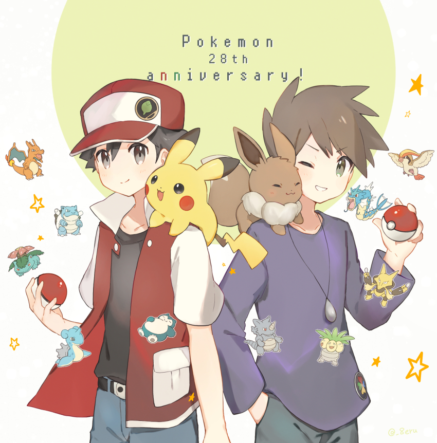 2boys alakazam anniversary blastoise blue_oak blush brown_hair charizard claws closed_mouth commentary_request copyright_name eevee erua_(_8eru) exeggutor gen_1_pokemon gyarados hand_in_pocket hat highres holding holding_poke_ball jacket jewelry lapras male_focus multiple_boys necklace nintendo on_shoulder open_clothes open_jacket pants pidgeot pikachu poke_ball poke_ball_(basic) pokemon pokemon_(creature) pokemon_on_shoulder pokemon_rgby purple_shirt red_(pokemon) red_headwear rhydon shirt short_hair short_sleeves smile snorlax spiked_hair star_(symbol) starter_pokemon_trio venusaur