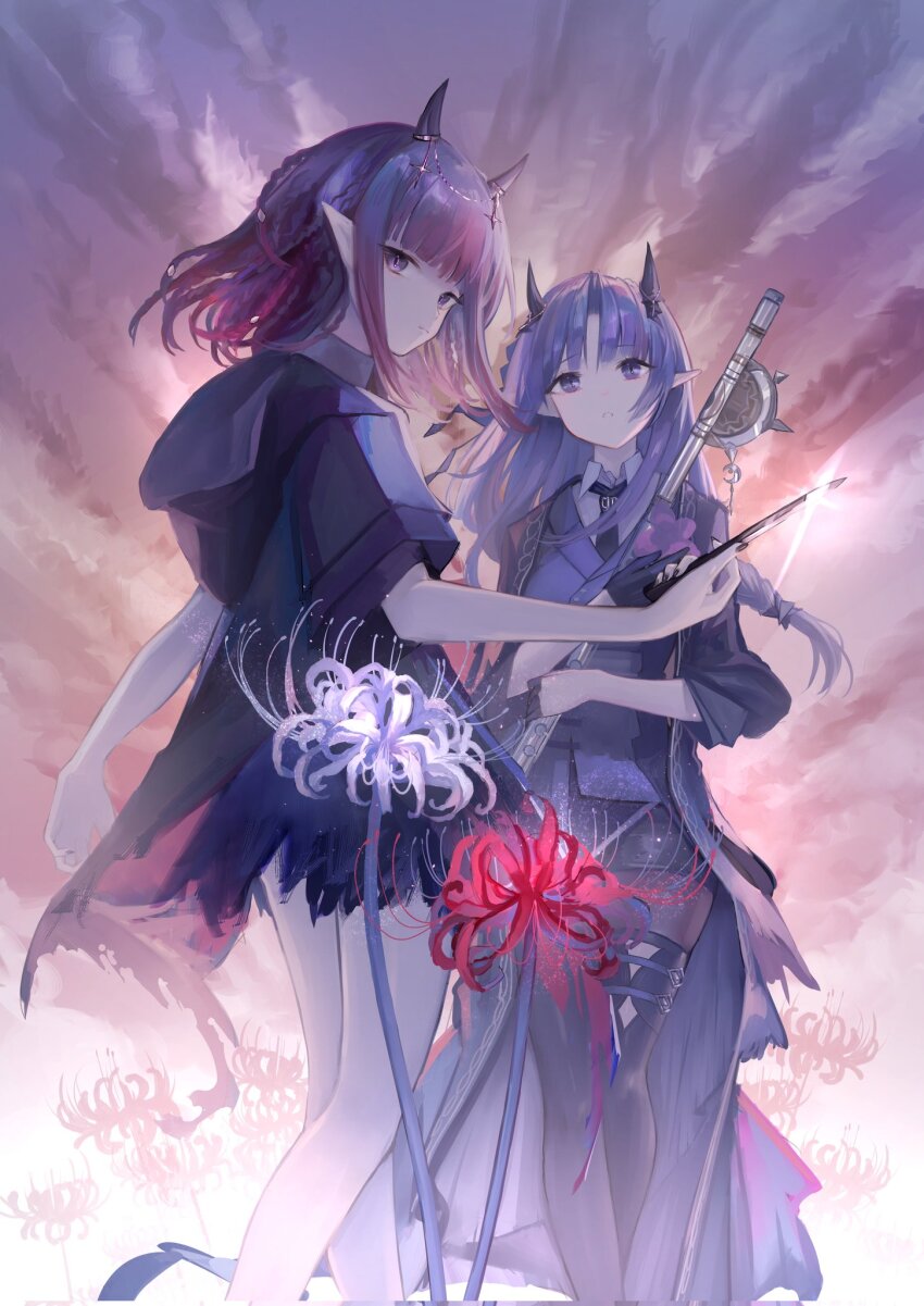 2girls ankle_cuffs arknights black_coat black_jacket black_necktie black_shorts coat demon_horns flower hemorina hibiscus_(arknights) hibiscus_the_purifier_(arknights) highres holding holding_instrument holding_knife hood horns instrument jacket knife lava_(arknights) lava_the_purgatory_(arknights) looking_at_viewer looking_back multiple_girls necktie open_clothes open_coat pantyhose pantyhose_under_shorts pointy_ears purple_eyes purple_hair purple_vest red_hair shirt short_shorts shorts siblings sisters spider_lily vest white_shirt