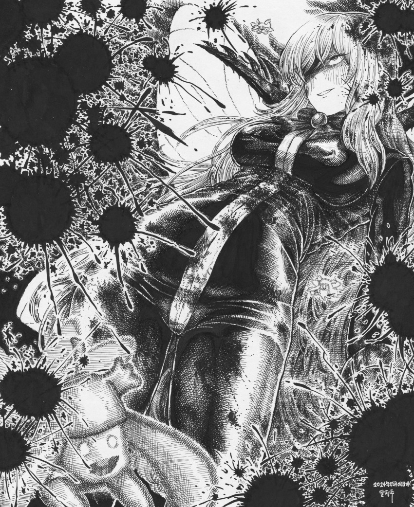 1girl absurdres blood blood_splatter bodysuit breasts dated e.g.o_(project_moon) fairy fairy-long-legs_(project_moon) greyscale hair_over_one_eye highres ishmael_(project_moon) large_breasts limbus_company long_hair looking_up monochrome open_mouth parted_lips project_moon signature single_tooth smile solo tsukisebone44 very_long_hair wingbeat_(e.g.o) wings