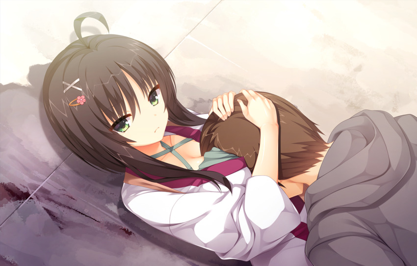 &gt;:( 1boy 1girl ahoge arichi_masaomi between_breasts black_hair breasts brown_hair cleavage closed_mouth collarbone criss-cross_halter drop_shadow dutch_angle eyes_visible_through_hair fingernails frown game_cg green_eyes green_shirt grey_hoodie hair_between_eyes hair_ornament hairclip halterneck hands_up head_between_breasts headpat hetero hitachi_mako hood hood_down hoodie hug japanese_clothes kimono large_breasts long_sleeves looking_at_another muririn non-web_source official_art parted_bangs senren_banka shirt short_hair short_hair_with_long_locks solo_focus straight_hair tsurime upper_body v-shaped_eyebrows variant_set white_kimono wide_sleeves x_hair_ornament