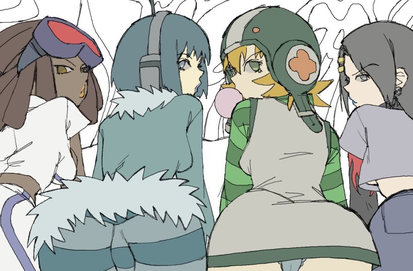 backboob bis_(jsr) blonde_hair blowing_bubble_gum blowing_bubbles blue_eyes blue_hair blue_lips breasts brown_eyes brown_hair chewing_gum crop_top cube_(jsr) dark-skinned_female dark_skin dress earrings eyewear_on_head from_behind fur-trimmed_dress fur_trim goggles goggles_on_head green_eyes grey_eyes grey_hair gum_(jsr) headphones headset helmet jet_set_radio jewelry lipstick long_hair looking_at_viewer makeup messy_hair multiple_girls orange_lips panties pantsu-ripper piranha_(jsr) sega shirt_under_dress skull_earrings striped_sleeves underwear wireless