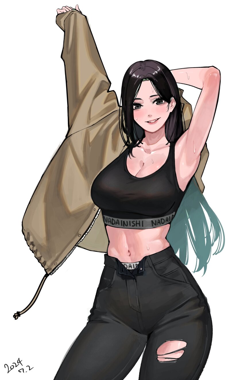 1girl absurdres arm_behind_head arm_up armpits black_eyes black_hair black_pants black_sports_bra breasts brown_jacket cleavage clothes_writing collarbone commentary_request cowboy_shot dated grin high-waist_pants highres jacket large_breasts long_hair long_sleeves looking_at_viewer nadainishi navel open_fly original panties pants panty_peek simple_background smile solo sports_bra stomach sweat torn_clothes torn_pants underwear underwear_writing white_background