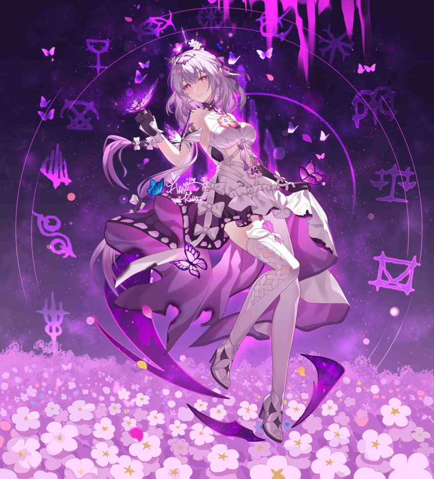 1girl abby_riddle absurdres bare_shoulders black_tiara breasts bug butterfly butterfly_on_hand castorice_(honkai:_star_rail) chinese_commentary commentary_request dress flower hair_flower hair_ornament high_heels highres honkai:_star_rail honkai_(series) insect long_hair medium_breasts pantyhose purple_eyes purple_hair purple_sky single_leg_pantyhose single_thighhigh sky solo thighhighs tiara white_dress white_pantyhose white_thighhighs