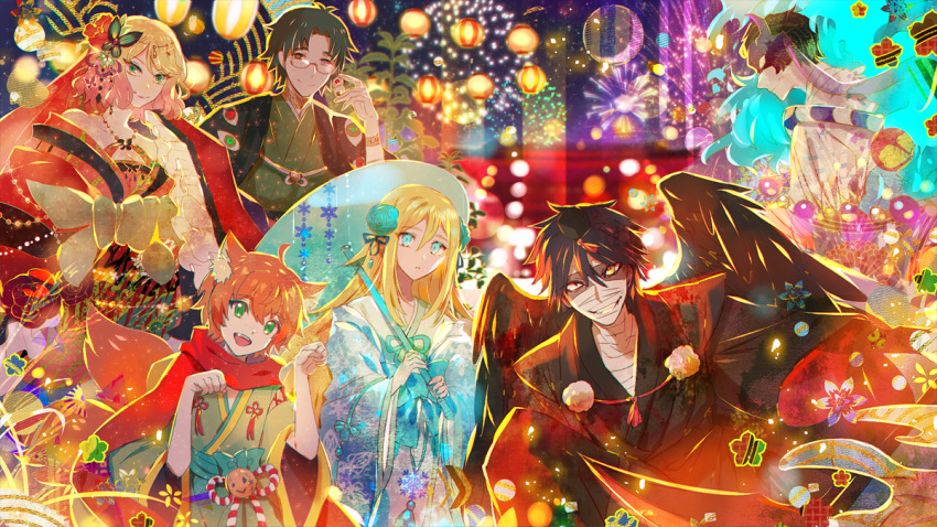 2girls 4boys :d abraham_gray_(satsuriku_no_tenshi) aerial_fireworks alternate_costume animal_ears aqua_flower aqua_rose aura bandage_on_face bandaged_head bandages between_fingers bird_wings black_cape black_eyes black_hair black_kimono black_wings blonde_hair blue_eyes blue_jacket blue_sash blurry blurry_background bob_cut bokeh cape cathy_(satsuriku_no_tenshi) cowboy_shot danny_(satsuriku_no_tenshi) depth_of_field double-parted_bangs eddie_(satsuriku_no_tenshi) egasumi eye_print eyeball feet_out_of_frame fireworks floral_print flower flower_knot fox_boy fox_ears fox_tail frilled_sleeves frills glasses gradient_hair green_hair green_kimono grey_eyes grin hair_between_eyes hair_flower hair_ornament hair_slicked_back half_mask halterneck haori hat heterochromia holding holding_eyeball horned_mask isaac_foster jacket japanese_clothes kanzashi kariginu kemonomimi_mode kikumon kimono kkamang_egg lantern lipstick long_hair long_sleeves looking_at_viewer makeup mask mismatched_pupils multicolored_hair multiple_boys multiple_girls night obi off_shoulder open_mouth orange_hair pale_skin paper_lantern parted_bangs paw_pose pink_hair pom_pom_(clothes) profile rachel_gardner red_flower red_kimono red_pupils red_scarf rope rose rose_print sakuramon sash satsuriku_no_tenshi scarf shimenawa short_hair smile snowflake_ornament squatting standing tail talisman tassel teeth tengu tokin_hat torii upper_teeth_only wavy_hair white_kimono wide_sleeves wings yellow_eyes yellow_sash