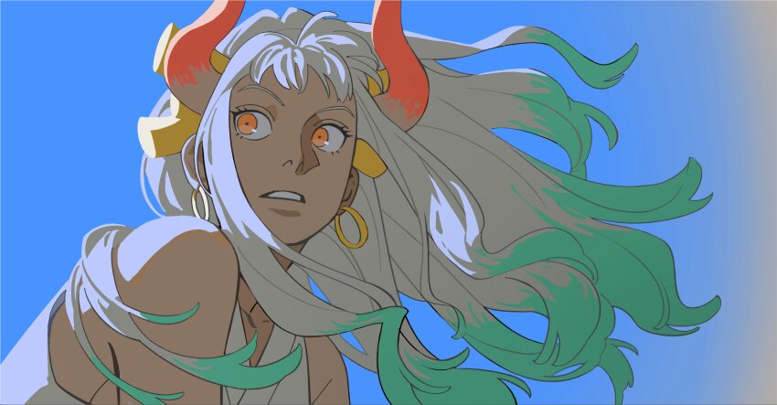 1girl aqua_hair blue_background earrings gold_earrings gradient_background hair_flowing_over hair_ornament highres hoop_earrings horns jewelry long_hair looking_to_the_side nyan_2020 one_piece oni orange_pupils parted_lips red_horns shirt sidelocks sleeveless sleeveless_shirt white_hair white_shirt yamato_(one_piece)
