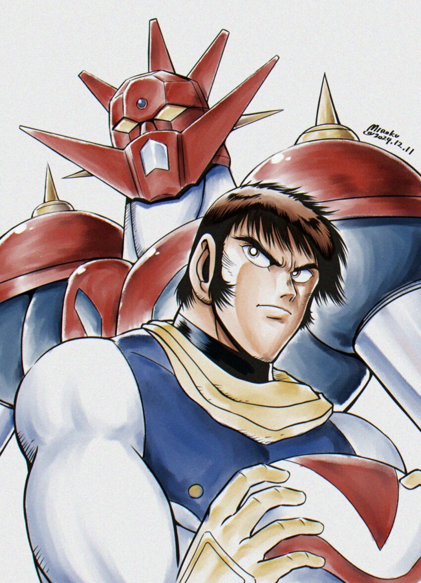 1990s_(style) 1boy armor blue_armor blue_bodysuit bodysuit bright_pupils brown_eyes brown_hair facial_hair forehead_jewel frown getter_dragon getter_robo getter_robo_g gloves head_spikes helmet highres holding holding_helmet ishikawa_ken_(style) male_focus mecha mecha_focus mecha_pilot_suit miroku_(miroku_t) multicolored_armor muscular muscular_male mutton_chops parody red_armor retro_artstyle robot scarf short_hair shoulder_spikes spikes style_parody super_robot unworn_headwear unworn_helmet v-shaped_eyebrows white_background white_bodysuit white_helmet white_pupils yellow_eyes yellow_gloves yellow_scarf