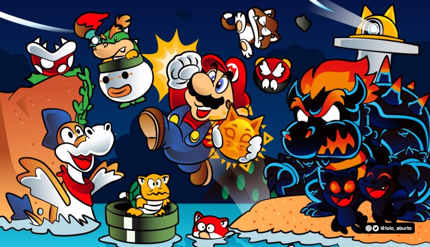 1girl 3boys artist_name bowser bowser_jr. fury_bowser goomba jumping lolo_aburto mario mario_(series) multiple_boys night nintendo ocean parody piranha_plant plessie sand sky smile style_parody super_mario_3d_world super_mario_3d_world_+_bowser&#039;s_fury water