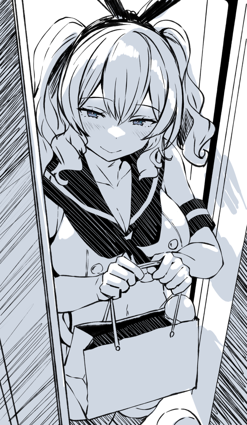 1girl bag belko blue_eyes blush breasts cleavage cosplay doorway elbow_gloves gloves greyscale hair_between_eyes highres holding holding_bag kantai_collection kashima_(kancolle) large_breasts long_hair looking_at_viewer monochrome neckerchief sailor_collar shimakaze_(kancolle) shimakaze_(kancolle)_(cosplay) sketch sleeveless smile solo spot_color twintails wavy_hair