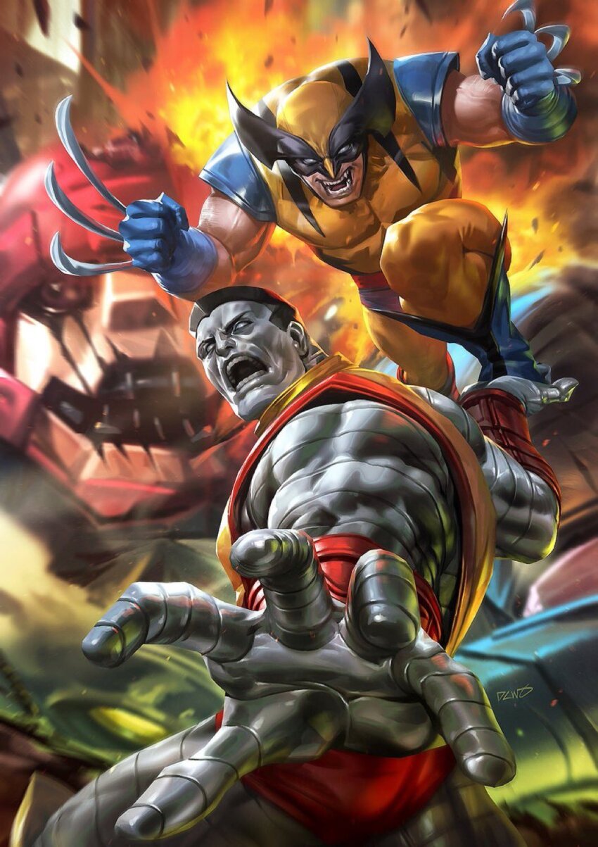 1other 2boys blue_footwear blue_gloves blurry blurry_background bodysuit boots claws colossus_(x-men) dcwj depth_of_field explosion gloves highres marvel metal_skin multiple_boys open_mouth robot sentinel_(x-men) short_sleeves teeth wolverine_(x-men) x-men yellow_bodysuit
