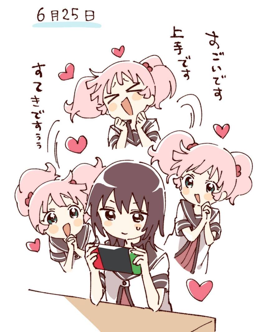 &gt;_&lt; 2girls :d blush_stickers brown_eyes brown_hair brown_sailor_collar closed_eyes closed_mouth dress funami_yui green_eyes hair_bobbles hair_ornament handheld_game_console hashtag-only_commentary heart highres holding holding_handheld_game_console multiple_girls namori nanamori_school_uniform nintendo_switch open_mouth own_hands_clasped own_hands_together pink_hair pleated_dress red_dress sailor_collar school_uniform shirt short_hair short_sleeves short_twintails simple_background smile summer_uniform translation_request twintails upper_body white_background white_shirt xd yoshikawa_chinatsu yuruyuri