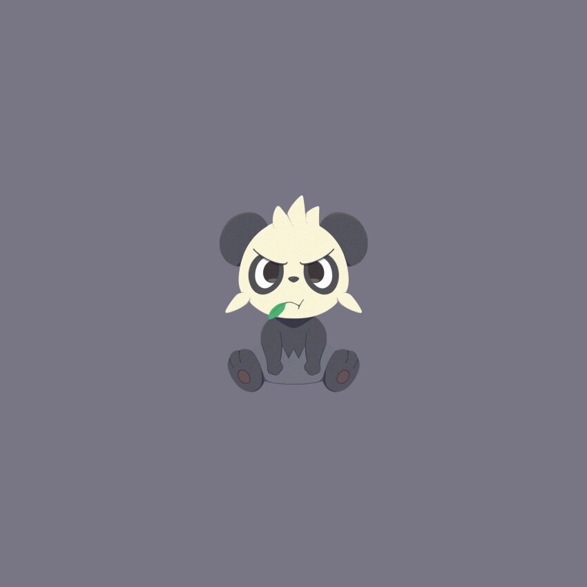 :t afuron closed_mouth commentary_request full_body gen_6_pokemon grey_background highres leaf looking_at_viewer nintendo no_humans pancham pokemon pokemon_(creature) pokemon_focus simple_background sitting solo