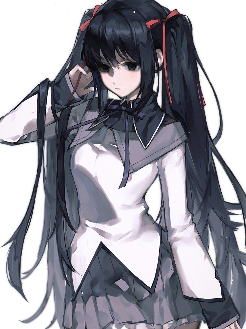 1girl absurdres akemi_homura akemi_homura_(magical_girl) alternate_hairstyle black_eyes black_hair blackspanich capelet cowboy_shot expressionless grey_capelet grey_skirt hair_ribbon highres long_hair looking_at_viewer mahou_shoujo_madoka_magica mahou_shoujo_madoka_magica_(anime) neck_ribbon ribbon simple_background skirt solo twintails white_background