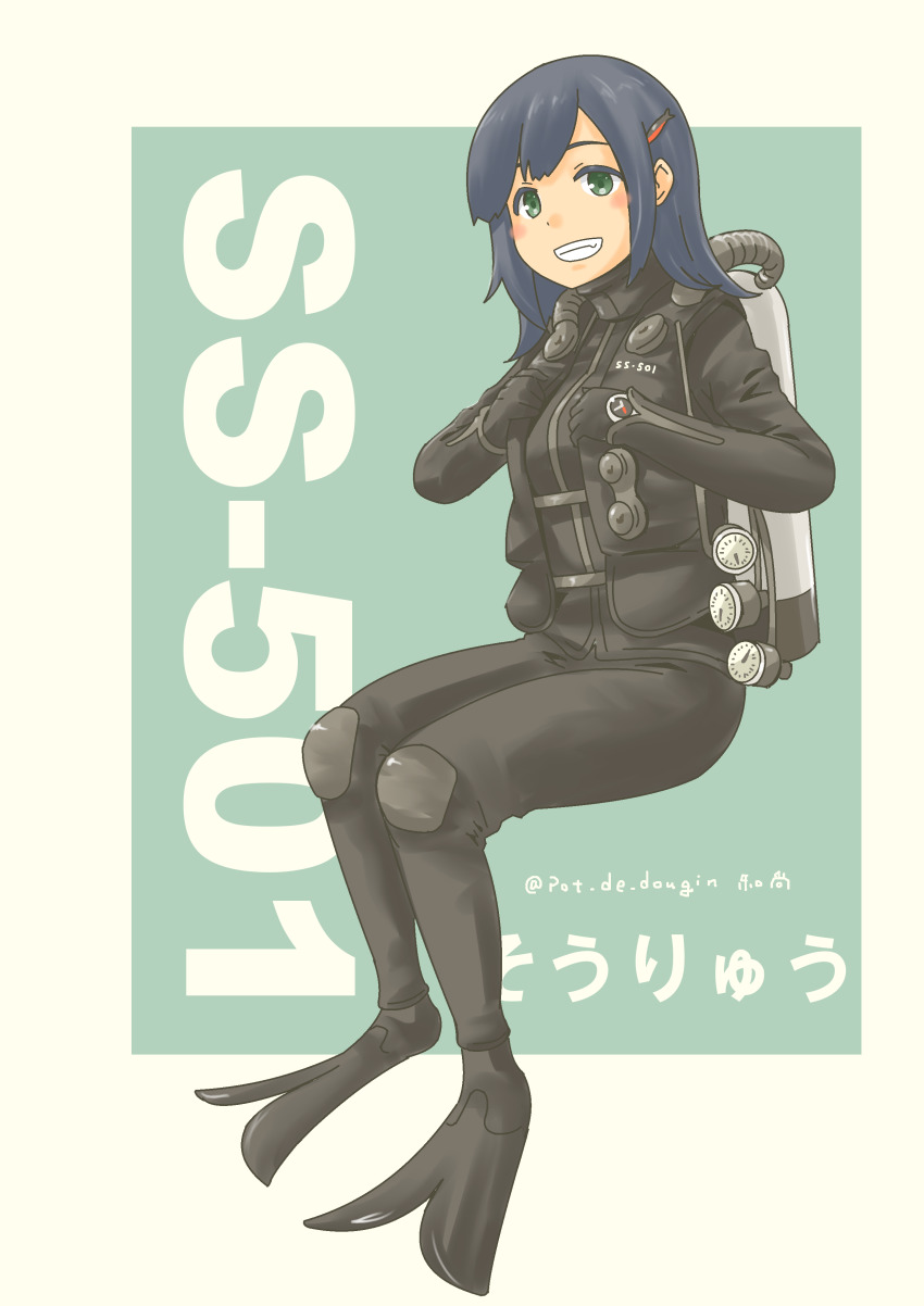 1girl absurdres black_wetsuit bodysuit diving_mask diving_suit flippers gauge gloves goggles highres js_souryuu_(kancolle) kantai_collection oxygen_tank pot-de scuba scuba_gear scuba_tank souryuu_(kancolle) wetsuit