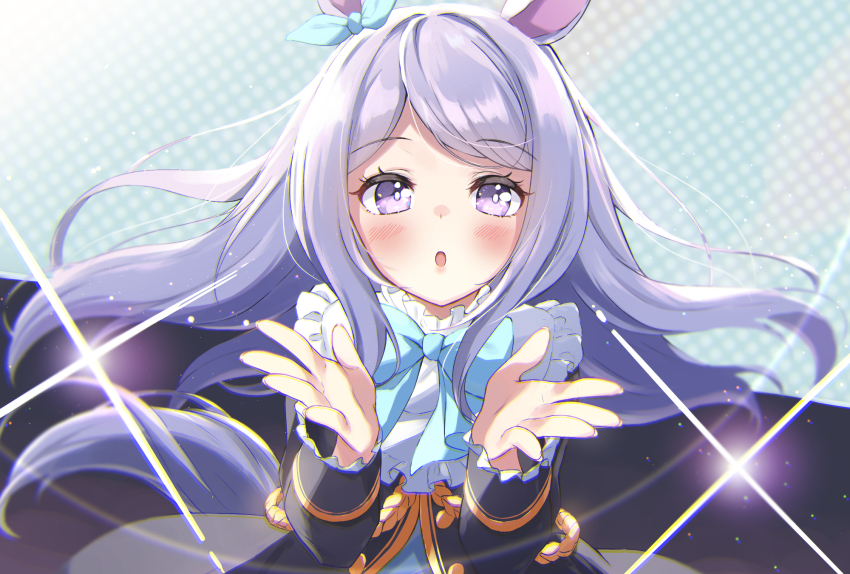 1girl :o aiguillette animal_ears bib_collar black_jacket blowing_kiss blue_bow blue_bowtie blush bow bowtie commentary_request diffraction_spikes ear_ribbon highres horse_ears jacket leaning_forward long_hair long_sidelocks looking_at_viewer mejiro_mcqueen_(umamusume) open_mouth purple_eyes purple_hair saboten_mushi sidelocks solo sparkle swept_bangs umamusume umapyoi_densetsu upper_body
