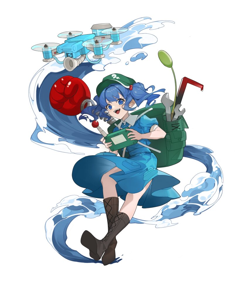 1girl absurdres backpack bag blue_hair boots cattail devilkillerx flat_cap front_ponytail full_body green_bag green_hat hair_bobbles hair_ornament hat highres kappa kawashiro_nitori plant rubber_boots solo tokin_hat touhou two_side_up water white_background wrench