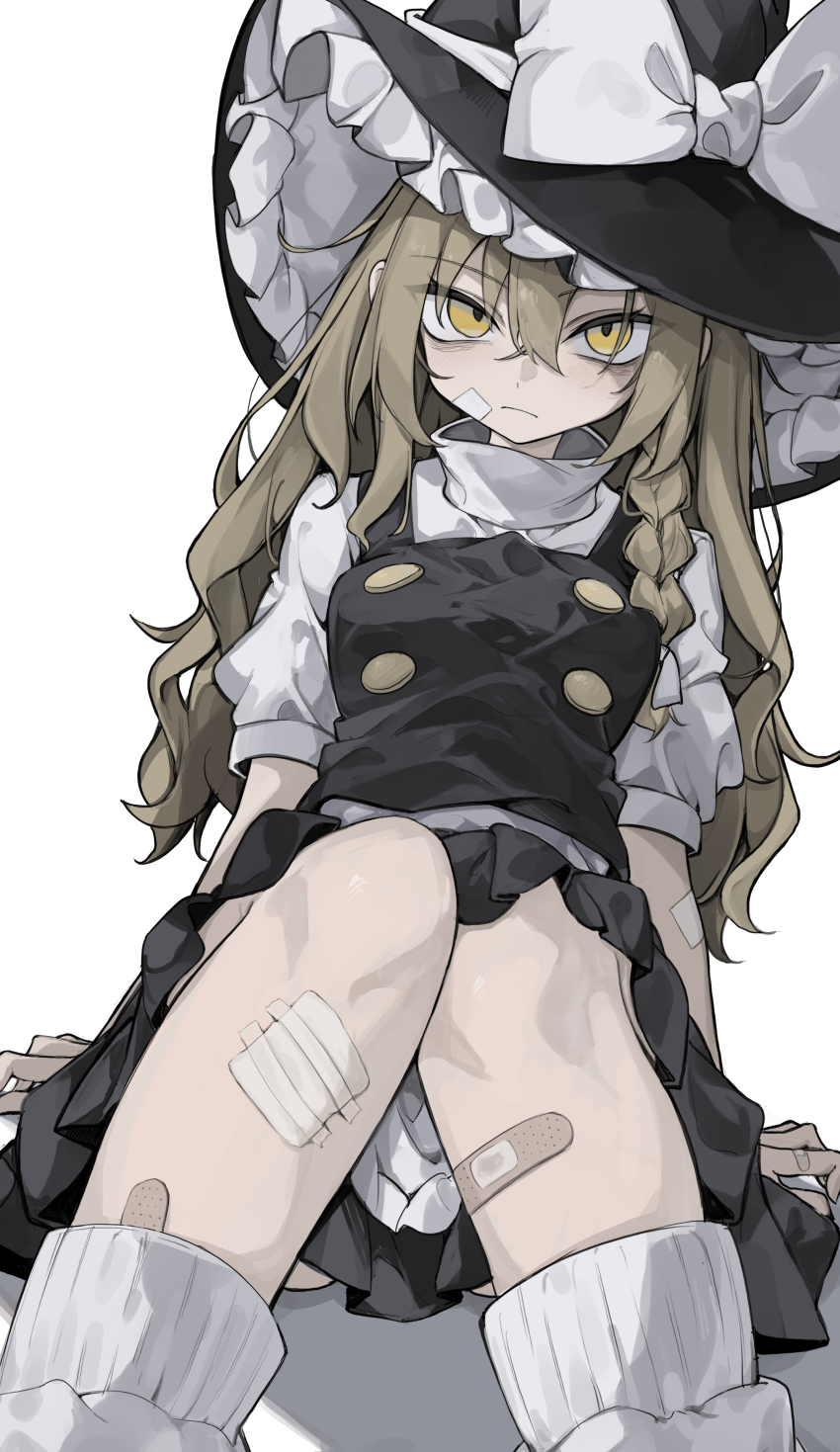 1girl absurdres arm_support bandaid bandaid_on_face bandaid_on_finger bandaid_on_leg black_hat black_skirt black_vest blonde_hair bow closed_mouth commentary_request hat hat_bow highres hisha_(kan_moko) kirisame_marisa long_hair looking_at_viewer ribbon shadow shirt short_sleeves simple_background sitting skirt socks solo touhou very_long_hair vest white_background white_bow white_ribbon white_shirt white_socks witch_hat yellow_eyes