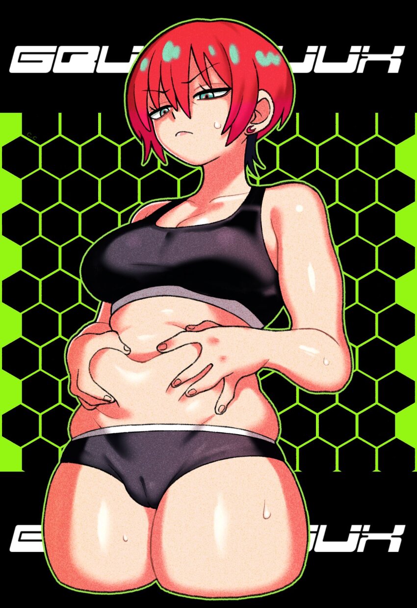 1girl amate_yuzuriha aqua_eyes bare_shoulders belly belly_grab black_background black_panties black_sports_bra cameltoe champchidi commentary copyright_name cropped_legs fingernails frown green_background gundam gundam_gquuuuuux hands_on_own_stomach highres honeycomb_(pattern) honeycomb_background looking_at_self looking_down navel panties red_hair short_hair solo sports_bra sweatdrop two-tone_background underwear v-shaped_eyebrows