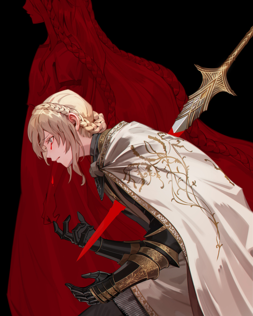 1boy 1girl androgynous armor black_armor black_background blood bloody_tears bloody_weapon braid cape closed_mouth commentary_request crown_braid elden_ring elden_ring:_shadow_of_the_erdtree from_side gauntlets gold_trim grey_eyes highres jiro_(ninetysix) knight long_hair miquella_(elden_ring) needle_knight_leda profile short_hair simple_background sword tunic very_long_hair weapon white_cape