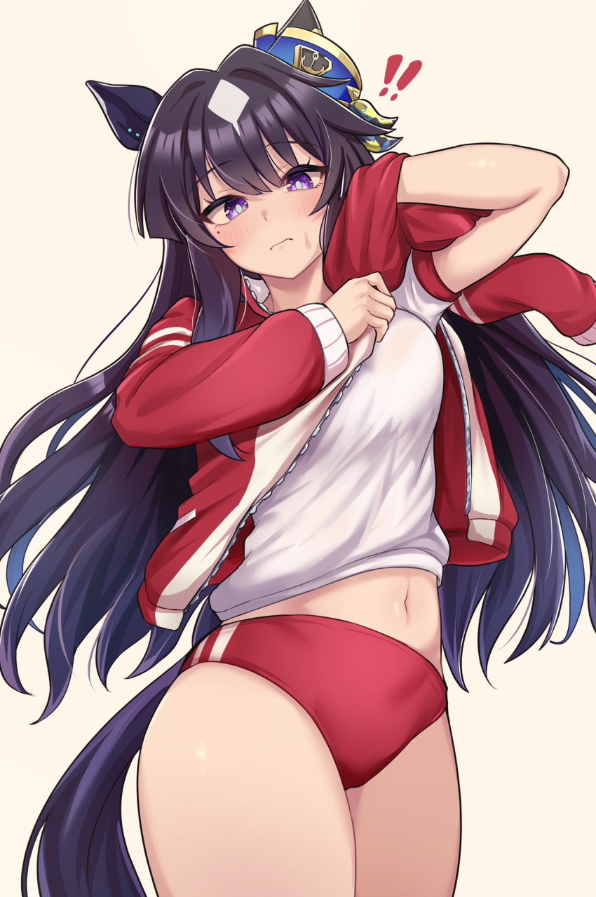 ! !! 1girl animal_ears black_hair blush breasts buruma collarbone commentary_request hair_between_eyes hair_ornament highres horse_ears horse_girl horse_tail jacket looking_at_viewer medium_breasts mole mole_under_eye purple_eyes simple_background tail teaclaw thighs track_jacket umamusume verxina_(umamusume)