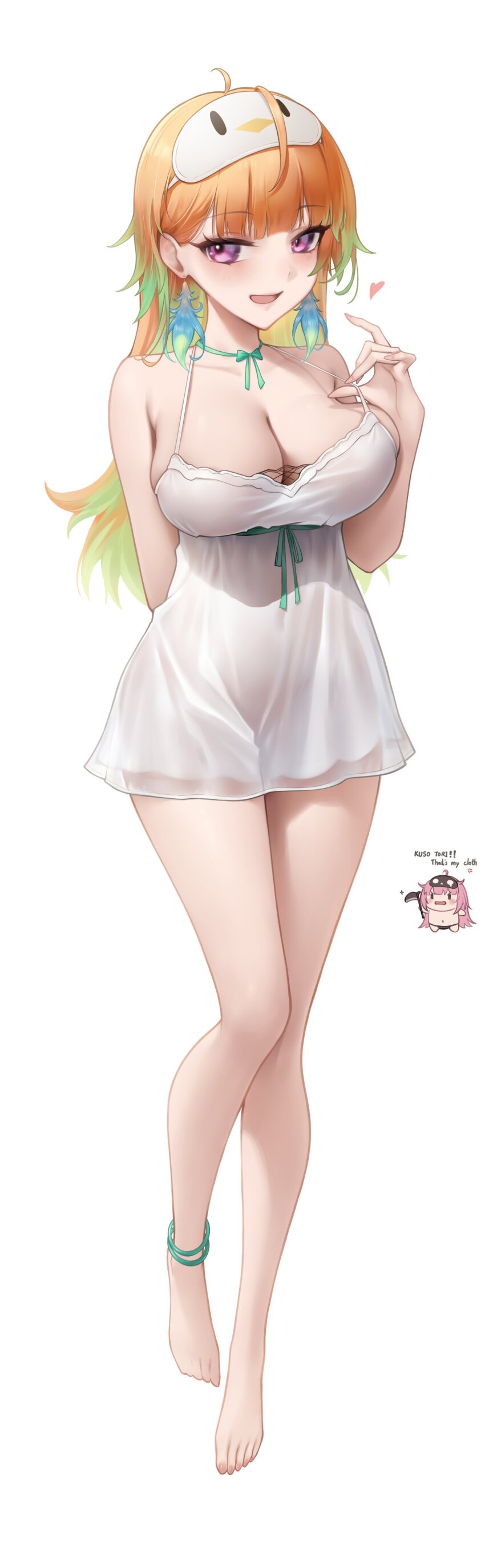 2girls absurdres anklet arm_behind_back barefoot blush breasts cleavage commentary dress earrings english_text feather_earrings feathers feet fingernails full_body gradient_hair green_hair highres hololive hololive_english jewelry large_breasts legs long_hair looking_at_viewer mini_person minigirl mori_calliope multicolored_hair multiple_girls nail_polish nightgown open_mouth orange_hair orange_nails pink_background see-through_clothes see-through_dress short_dress simple_background sleep_mask sleepwear sleeveless sleeveless_dress smile somebody_(leiking00) spaghetti_strap standing strap_pull takanashi_kiara toenail_polish toenails virtual_youtuber white_background white_nightgown