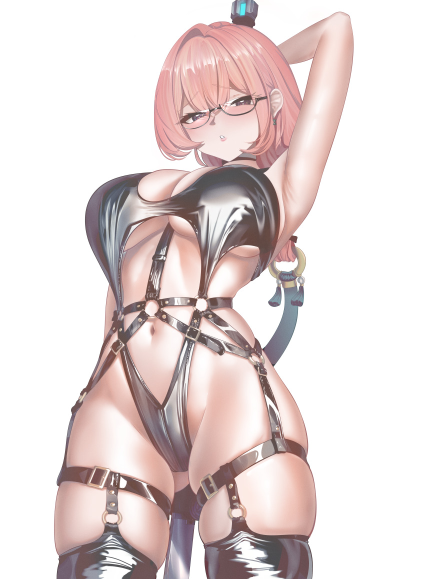 1girl absurdres arm_up belt black-framed_eyewear black_choker black_leotard black_thighhighs blush breasts choker commentary earrings glasses highres holding holding_weapon hourglass_earrings jewelry large_breasts latex latex_leotard latex_thighhighs legwear_garter leotard long_hair looking_at_viewer navel o-ring o-ring_belt pink_eyes pink_hair pink_lips proxyl revealing_clothes semi-rimless_eyewear simple_background single_hair_intake solo stomach tassel thigh_belt thigh_strap thighhighs thighs tsukishiro_yanagi under-rim_eyewear weapon white_background zenless_zone_zero