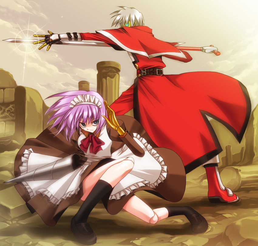 1boy 1girl apron black_shoes blue_eyes brown_dress brown_sky capelet clothed_robot cloud cloudy_sky crossover dress drill dynamic_pose guilty_gear guilty_gear_isuka holding holding_sword holding_weapon joints kneeling looking_at_viewer looking_to_the_side m.u.g.e.n maid maid_apron maid_headdress mecha_hisui mechanical_hands melty_blood pink_hair readying_weapon red_capelet robo-ky robo-ky_ii robot robot_joints ruins shoes short_hair sky stone_pillar sword tsukihime warlock_(nova) weapon