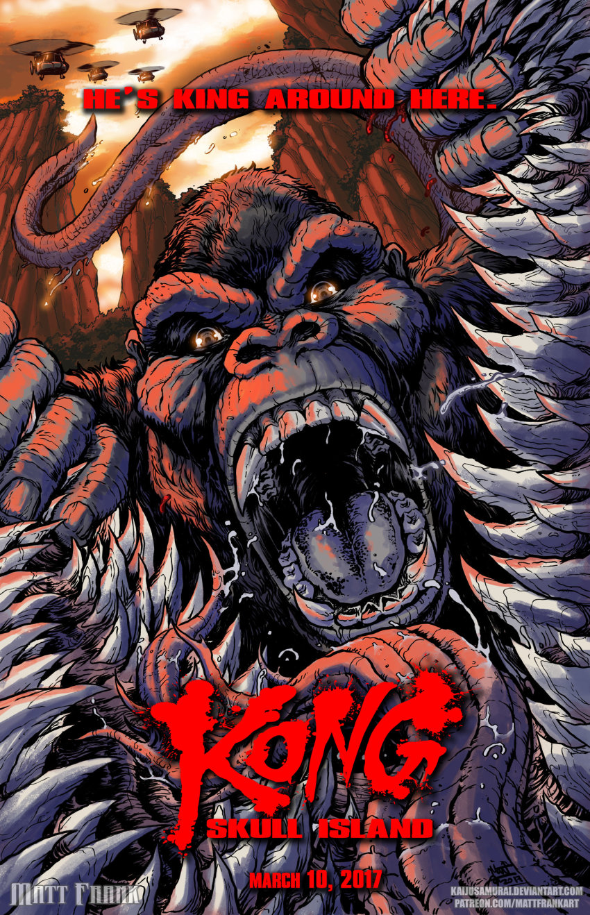 absurdres aircraft ape battle bell_helicopter fight fighting giant giant_monster gorilla helicopter highres kaiju king_kong king_kong_(series) kong:_skull_island legendary_pictures matt_frank military military_vehicle monster monsterverse mountain movie_poster official_art poster_(medium) skullcrawler sun teeth tongue tree uh-1_iroquois utility_helicopter